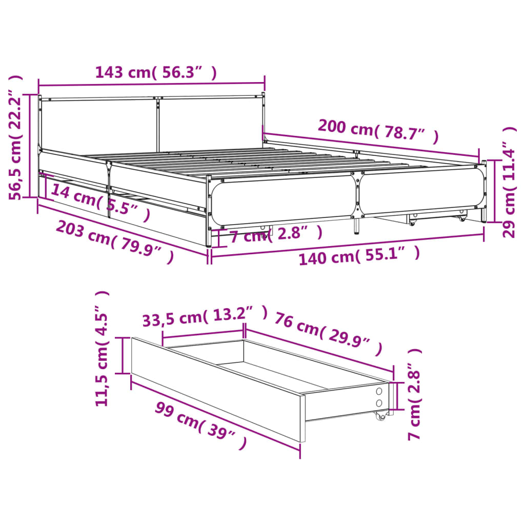Cadre de lit avec tiroirs sans matelas sonoma gris 140x200 cm - XIOS