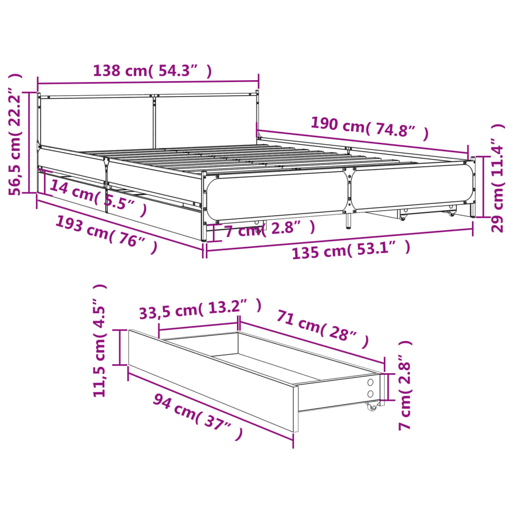 Cadre de lit avec tiroirs sans matelas chêne fumé 135x190 cm - XIOS