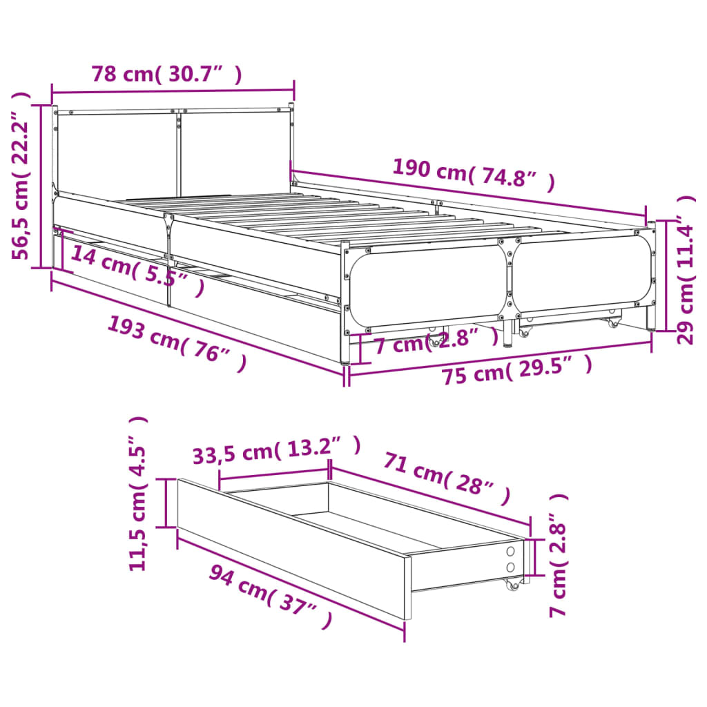Cadre de lit avec tiroirs sans matelas chêne sonoma 75x190 cm - XIOS