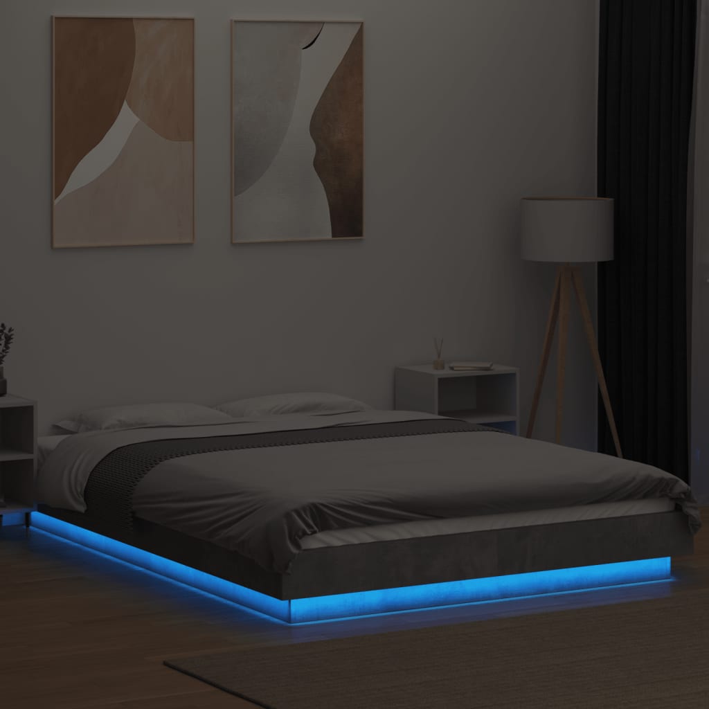 Cadre de lit et lumières LED sans matelas gris béton 135x190 cm - XIOS