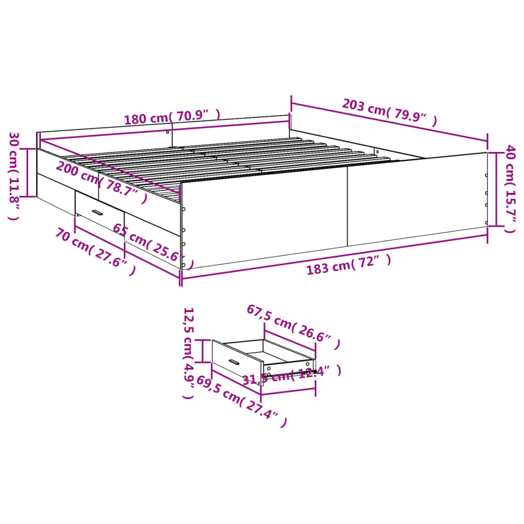 Cadre de lit avec tiroirs sans matelas sonoma gris 180x200 cm - XIOS
