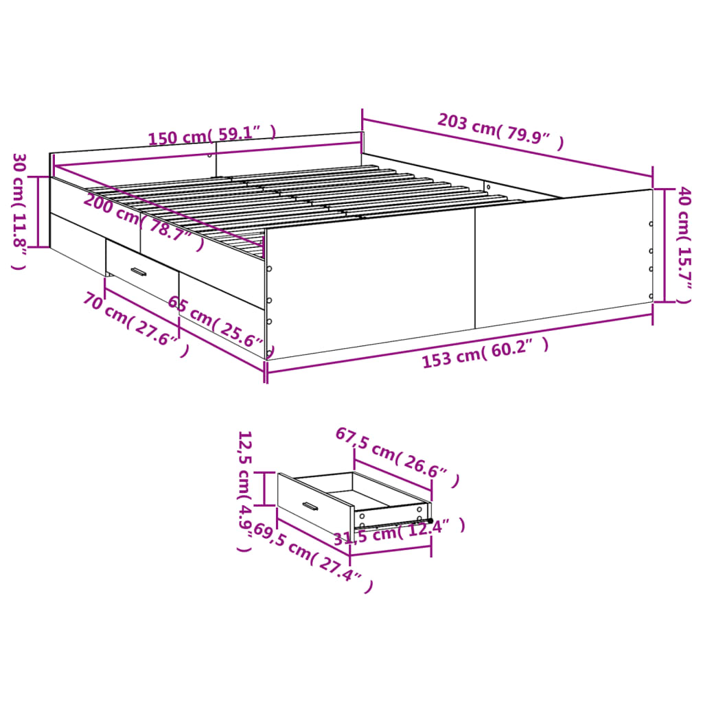 Cadre de lit avec tiroirs sans matelas sonoma gris 150x200 cm - XIOS