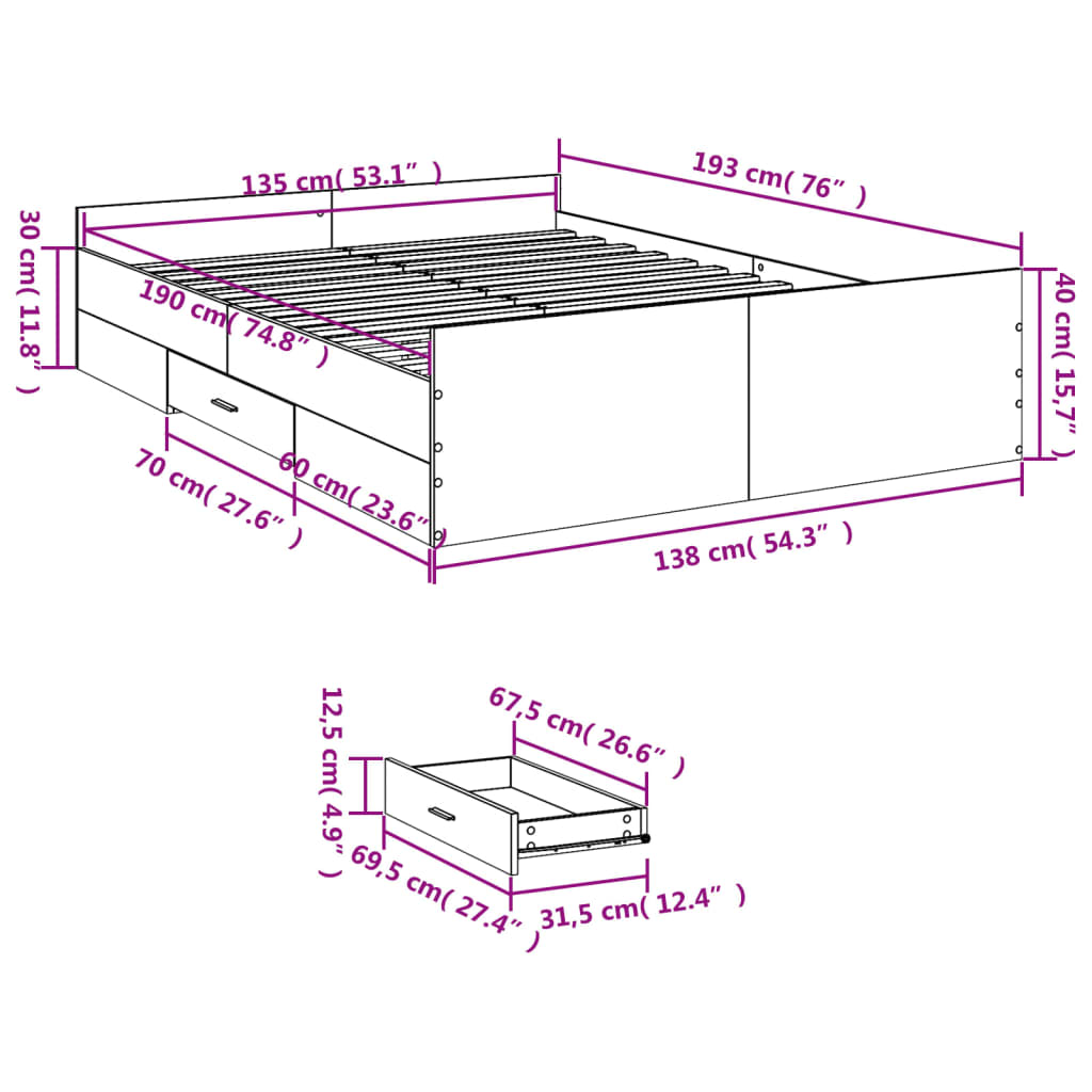 Cadre de lit avec tiroirs sans matelas sonoma gris 135x190 cm - XIOS