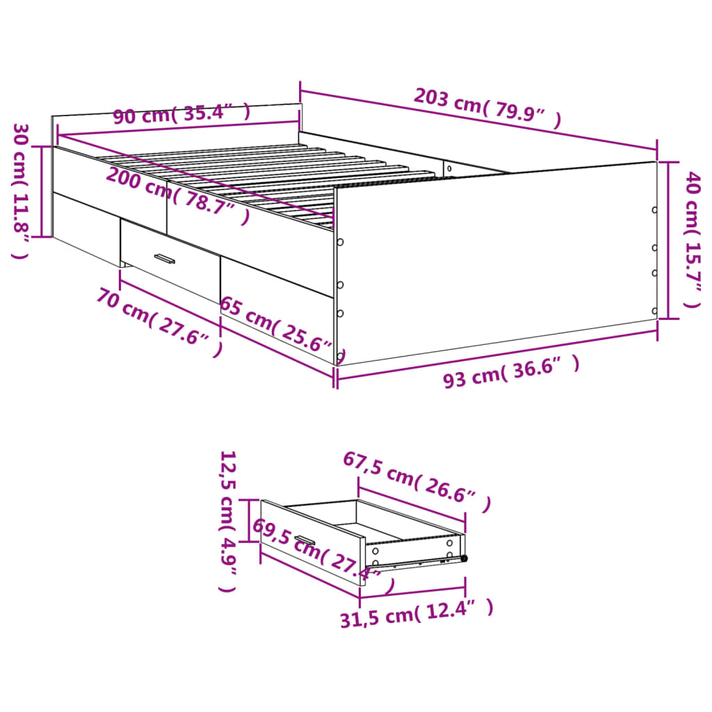 Cadre de lit avec tiroirs sans matelas chêne fumé 90x200 cm - XIOS