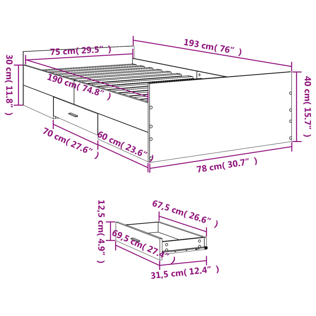 Cadre de lit avec tiroirs sans matelas noir 75x190 cm - XIOS