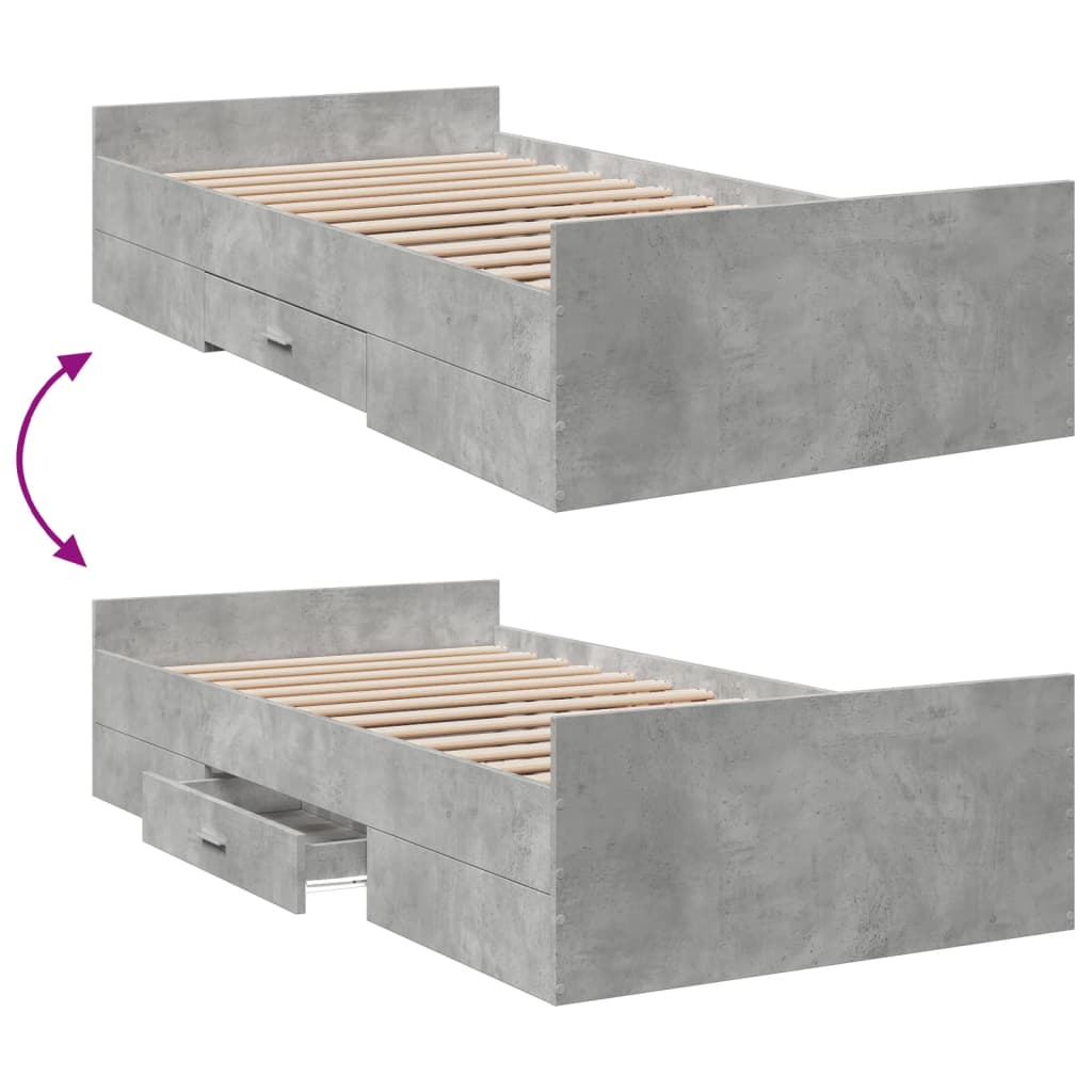 Cadre de lit avec tiroirs sans matelas gris béton 75x190 cm - XIOS