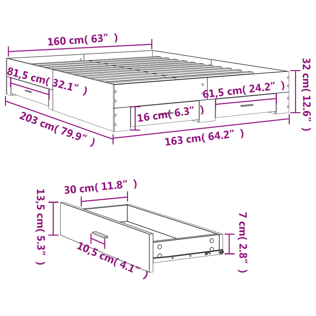 Cadre de lit avec tiroirs sans matelas sonoma gris 160x200 cm - XIOS
