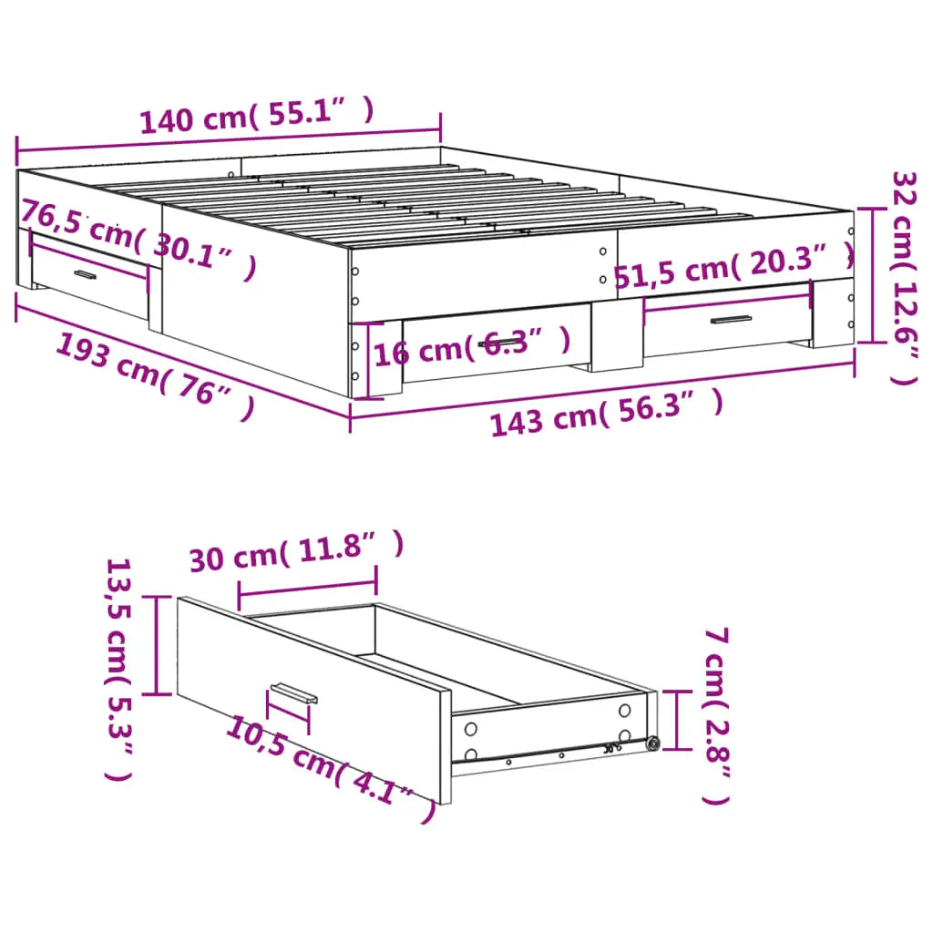 Cadre de lit avec tiroirs sans matelas gris béton 140x190 cm - XIOS