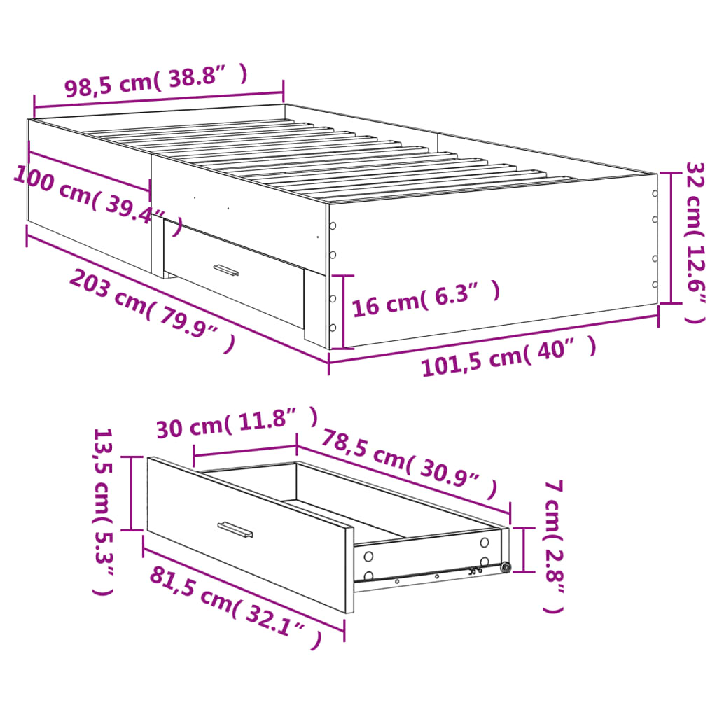 Cadre de lit avec tiroirs sans matelas gris béton 100x200 cm - XIOS