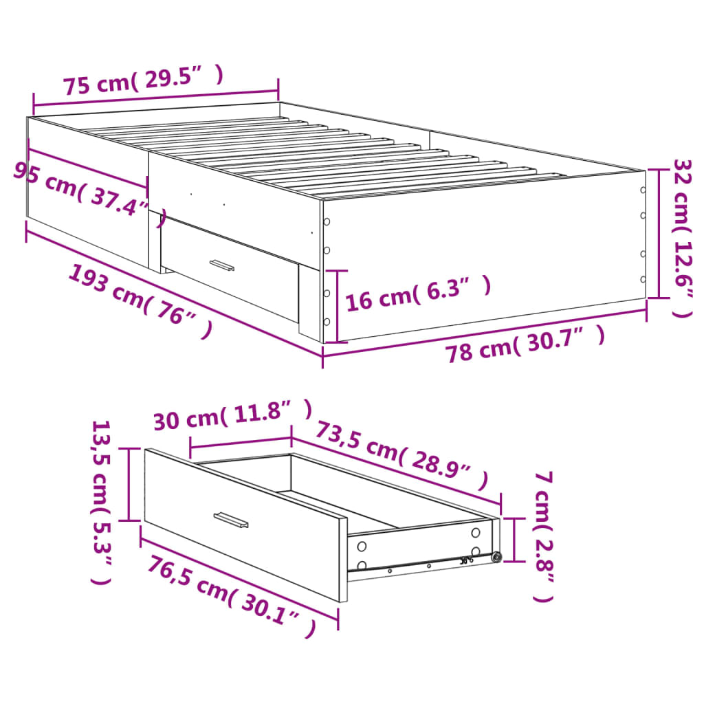 Cadre de lit avec tiroirs sans matelas noir 75x190 cm - XIOS
