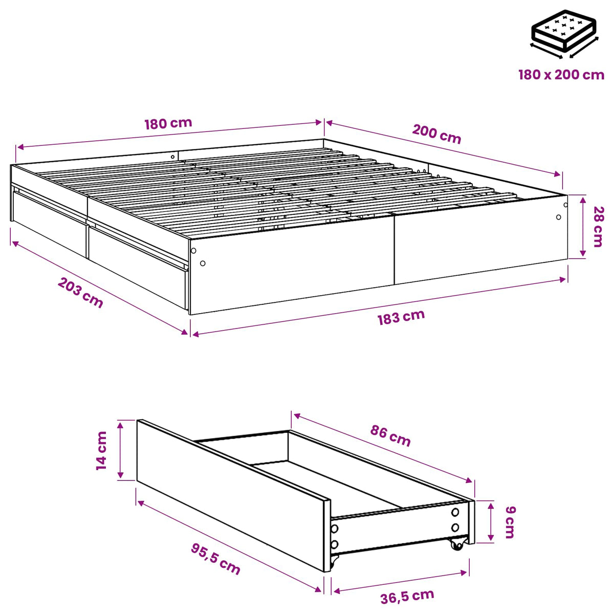 Cadre de lit avec tiroirs sans matelas sonoma gris 180x200 cm