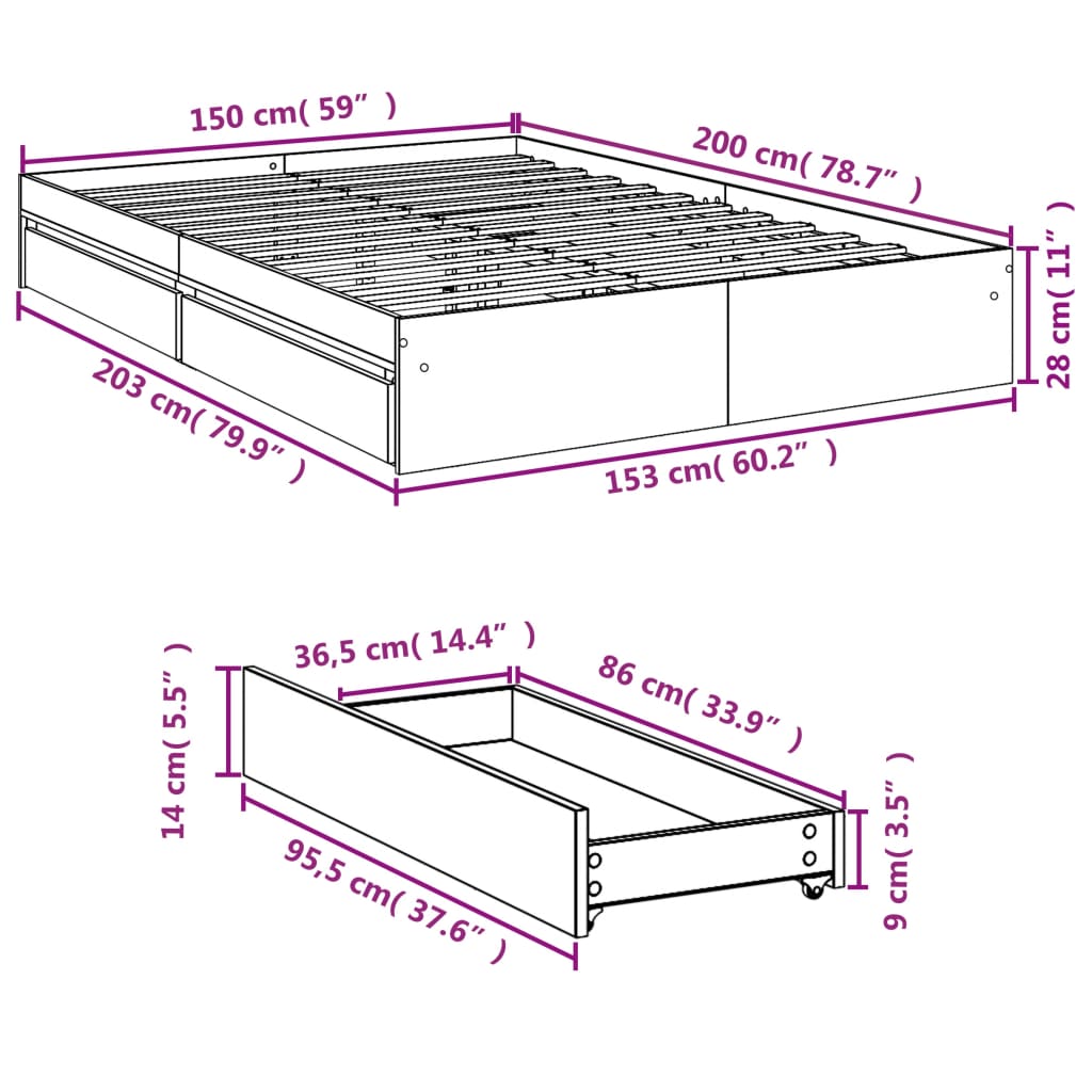 Cadre de lit avec tiroirs sans matelas sonoma gris 150x200 cm - XIOS