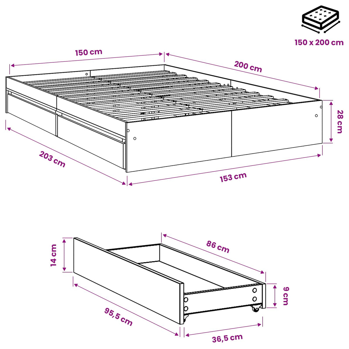 Cadre de lit avec tiroirs sans matelas sonoma gris 150x200 cm
