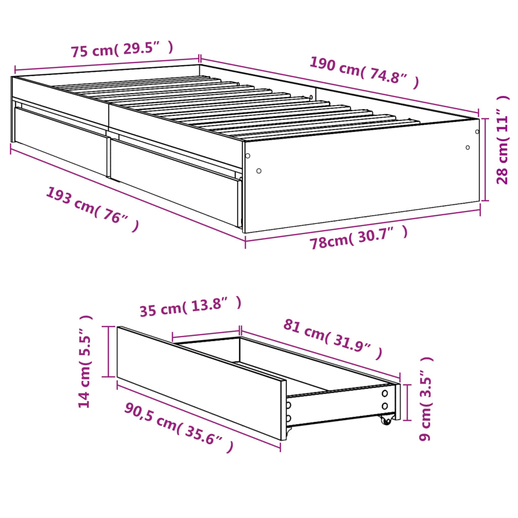Cadre de lit avec tiroirs sans matelas sonoma gris 75x190 cm - XIOS