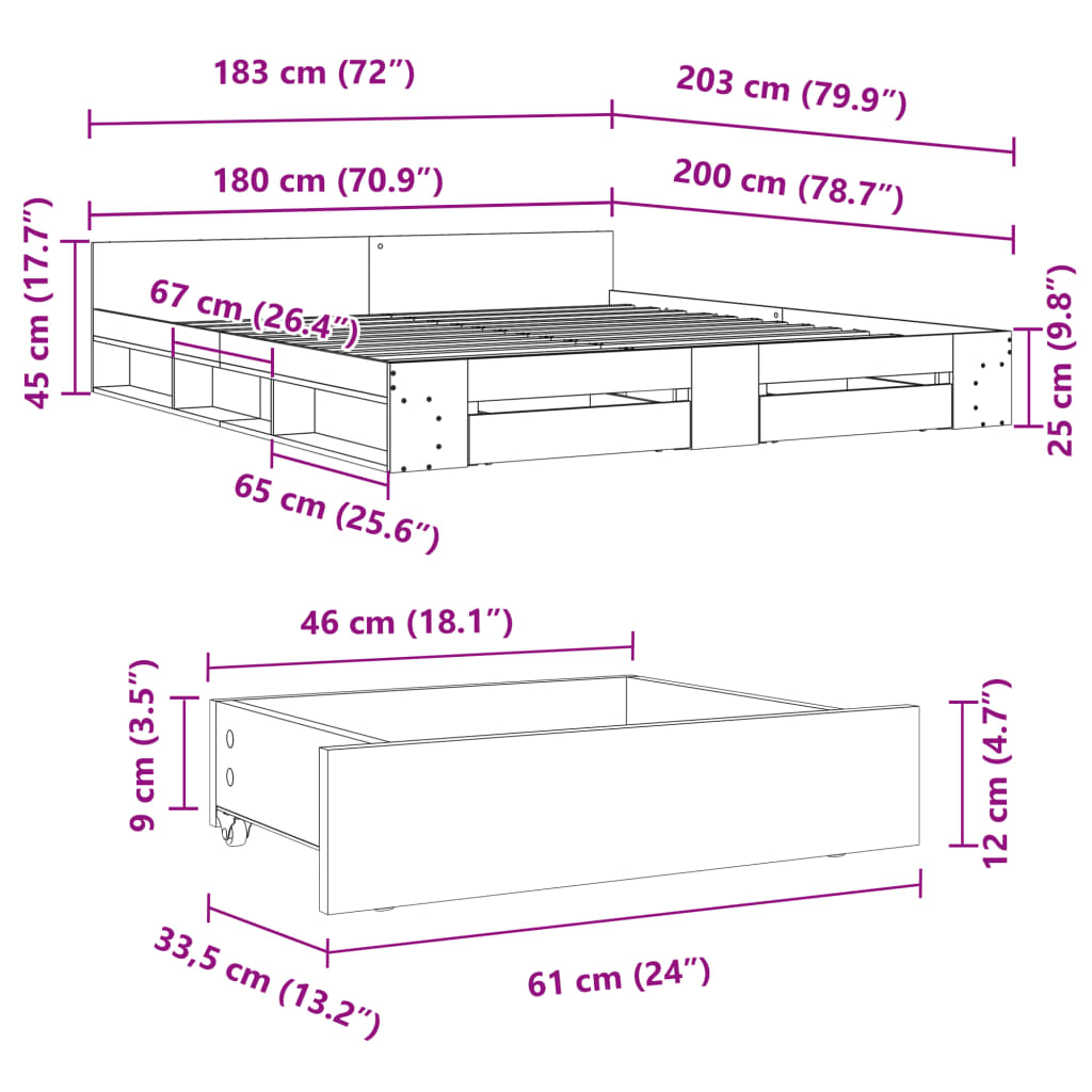 Cadre de lit avec tiroirs sans matelas chêne fumé 180x200 cm - XIOS