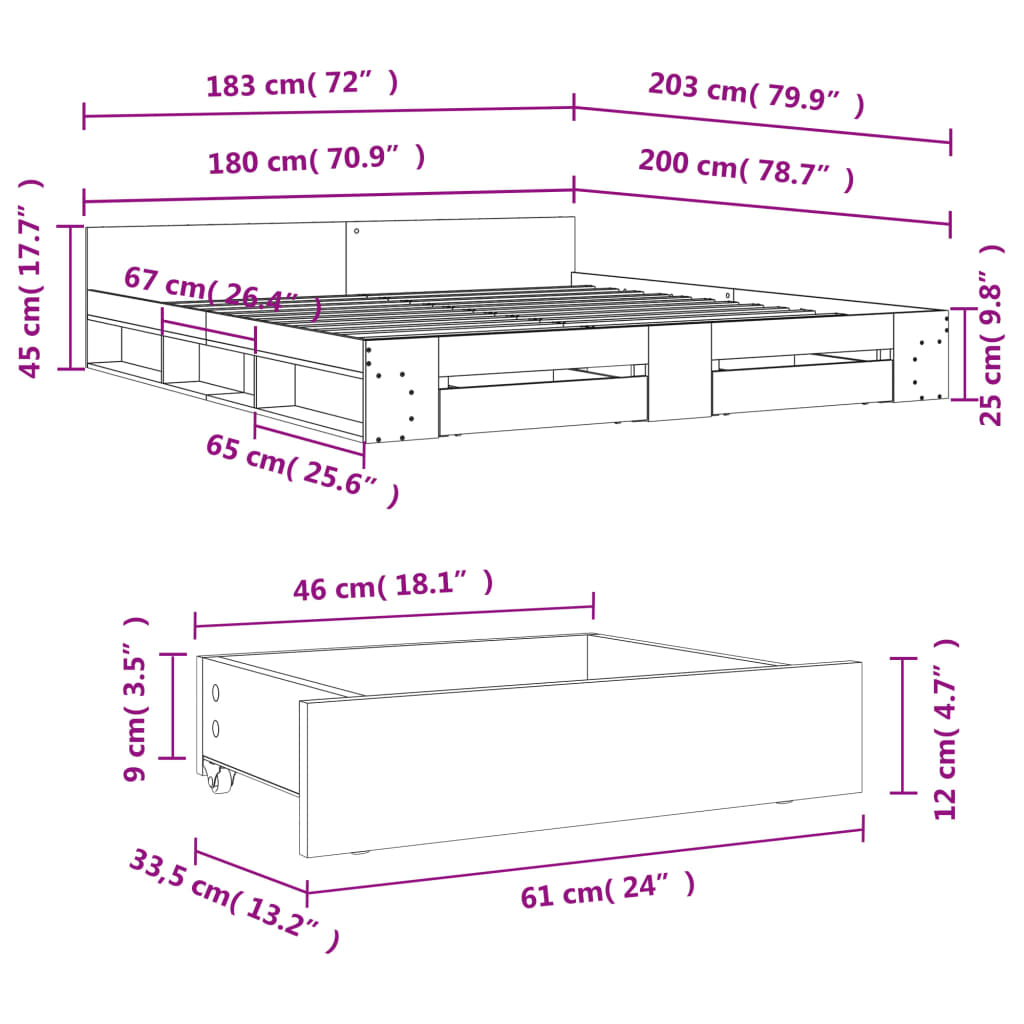 Cadre de lit avec tiroirs sans matelas sonoma gris 180x200 cm - XIOS