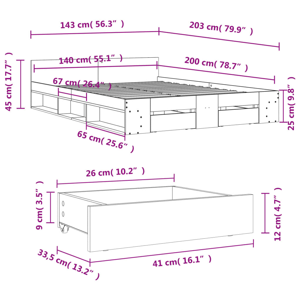 Cadre de lit avec tiroirs sans matelas sonoma gris 140x200 cm - XIOS