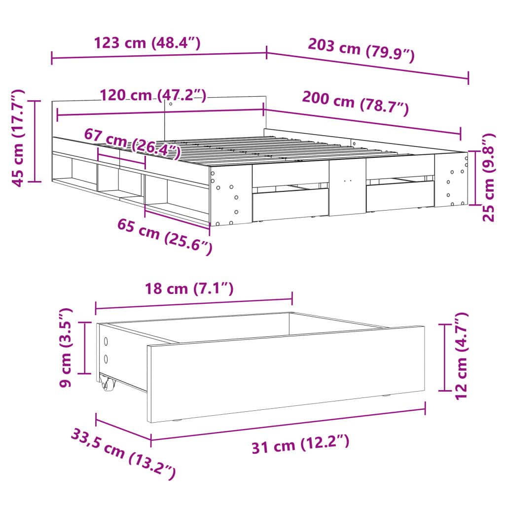 Cadre de lit avec tiroirs sans matelas sonoma gris 120x200 cm - XIOS