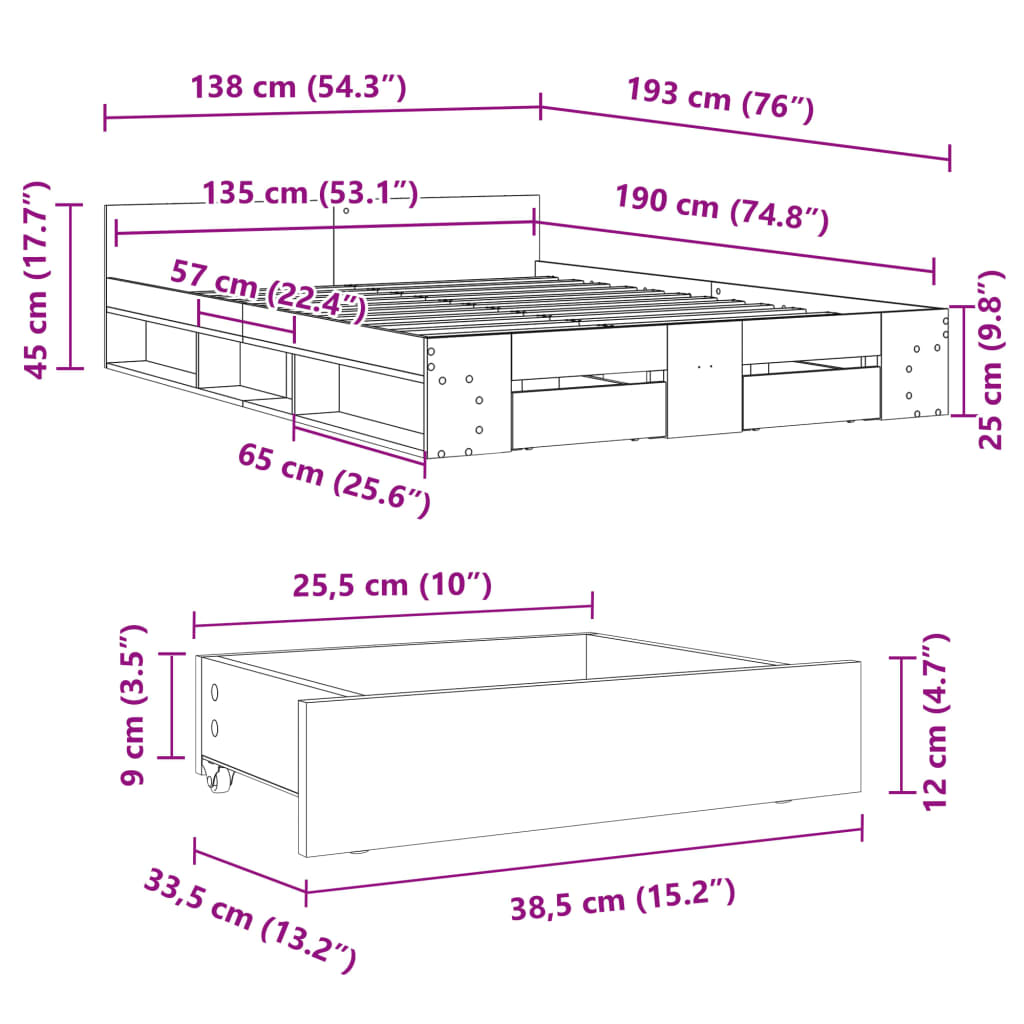 Cadre de lit avec tiroirs sans matelas gris béton 135x190 cm - XIOS