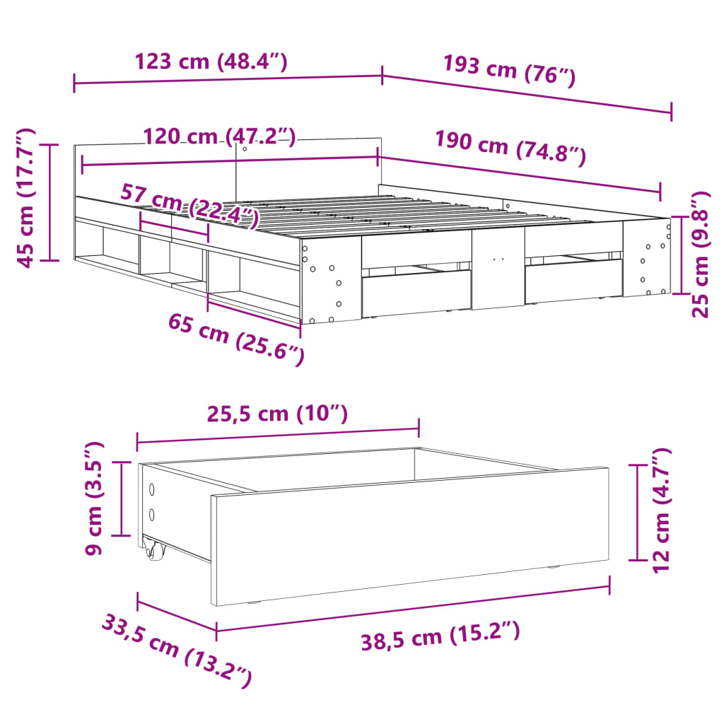 Cadre de lit avec tiroirs sans matelas noir 120x190 cm - XIOS
