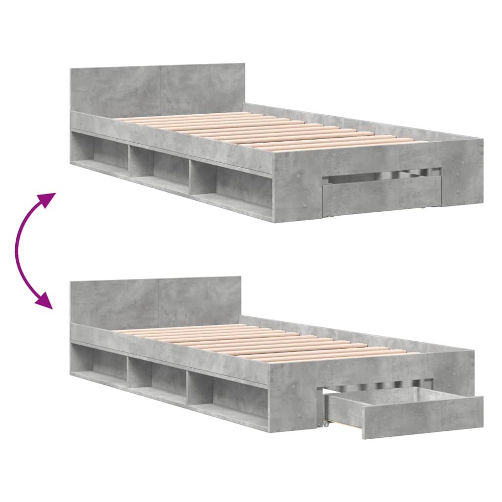 Cadre de lit avec tiroir sans matelas gris béton 90x200 cm - XIOS