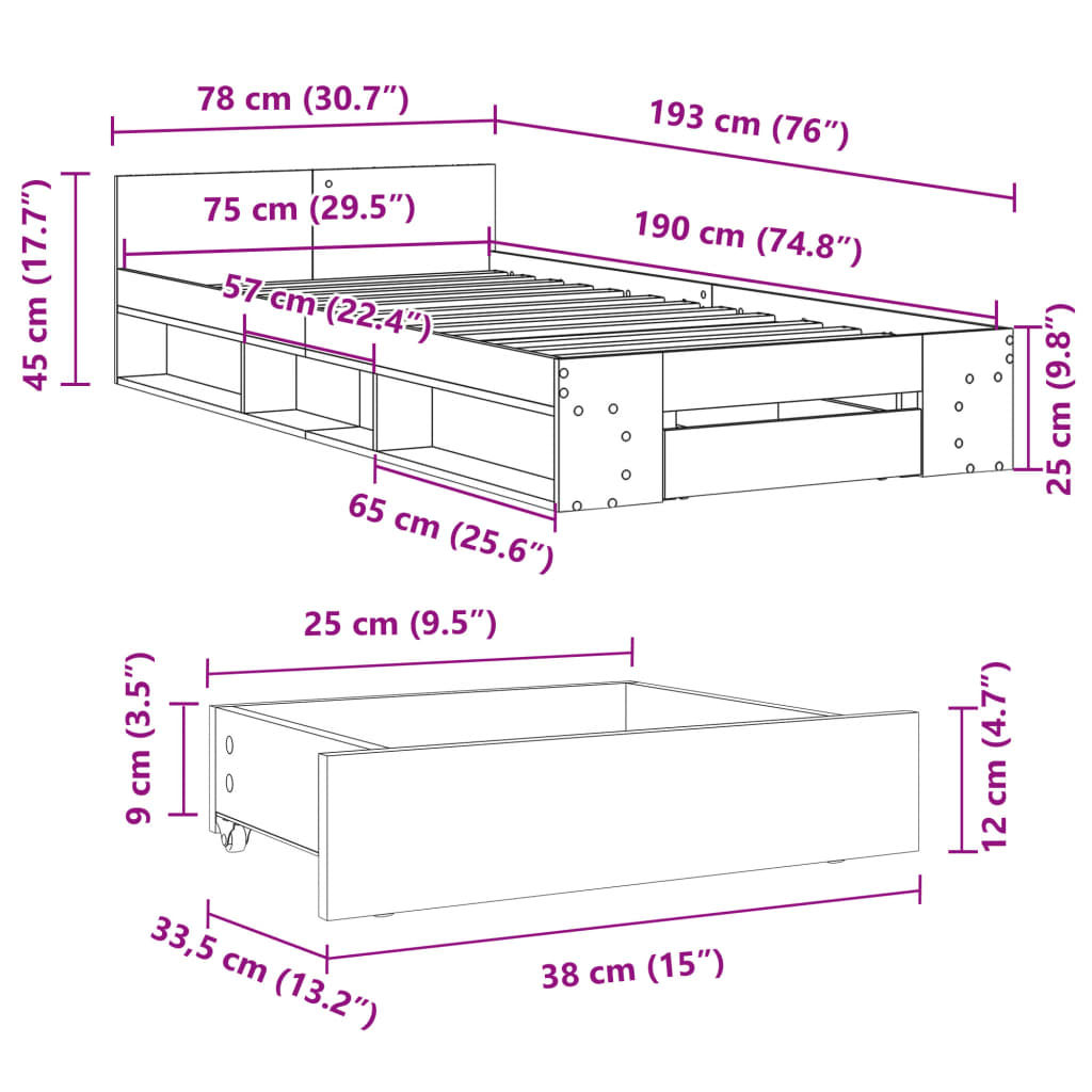 Cadre de lit avec tiroir sans matelas chêne sonoma 75x190 cm - XIOS