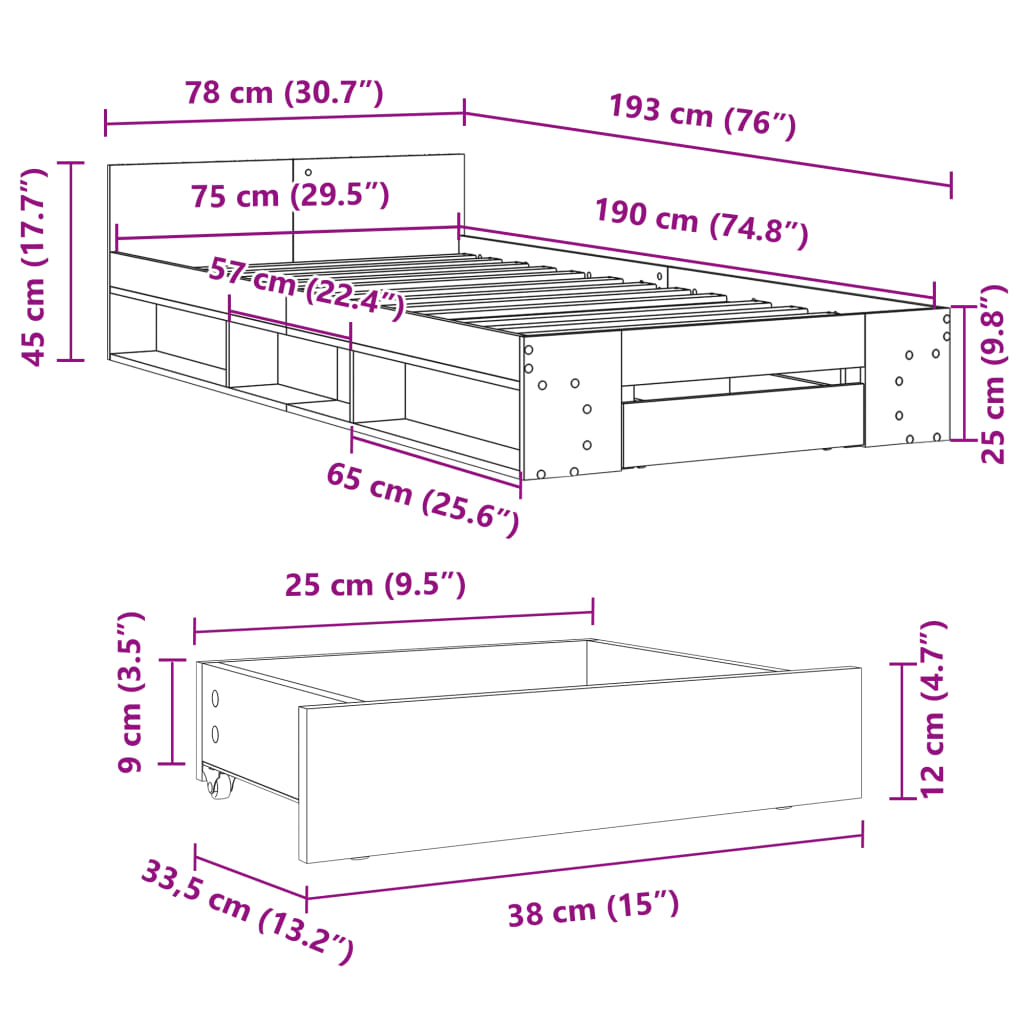 Cadre de lit avec tiroir sans matelas chêne fumé 75x190 cm - XIOS