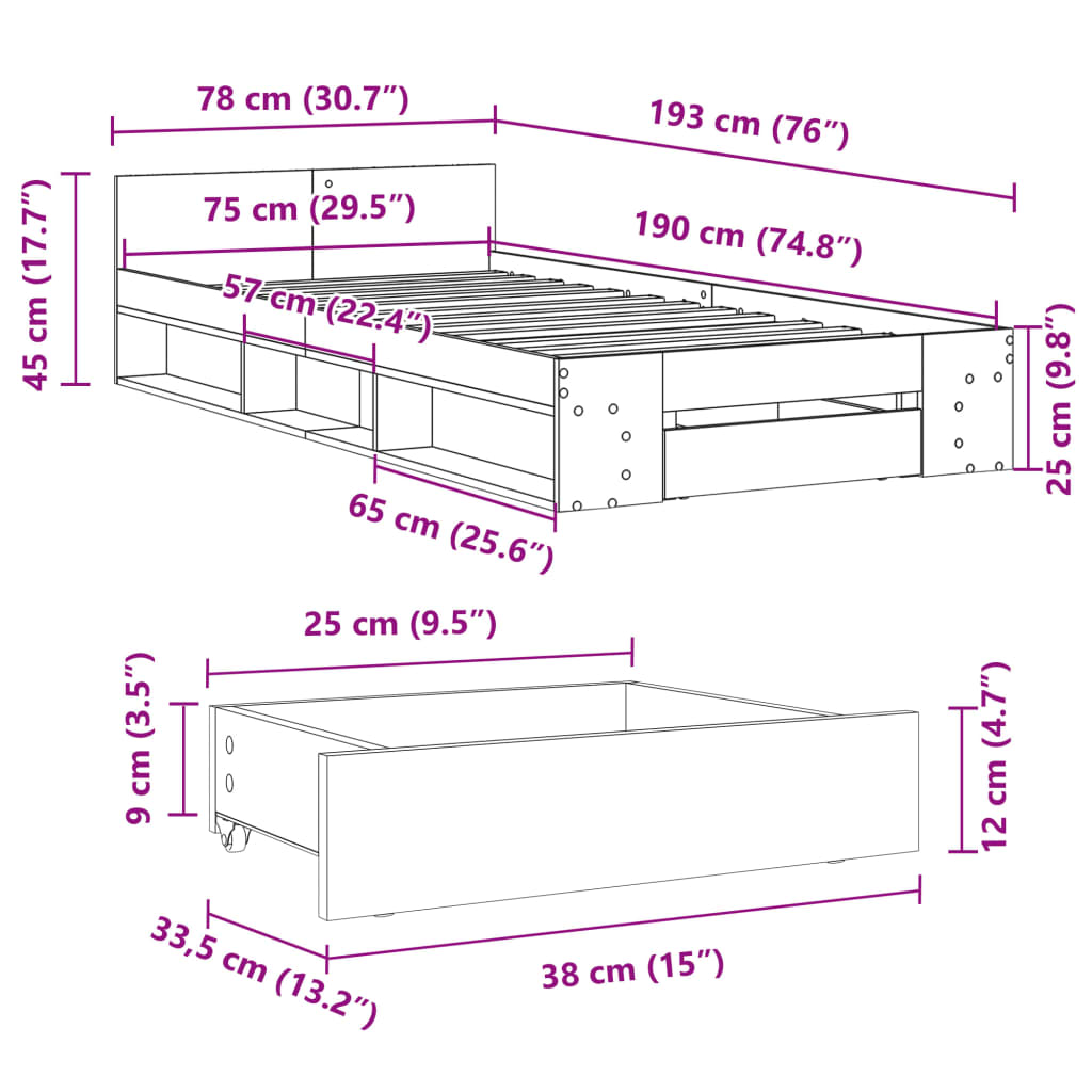 Cadre de lit avec tiroir sans matelas chêne marron 75x190 cm - XIOS