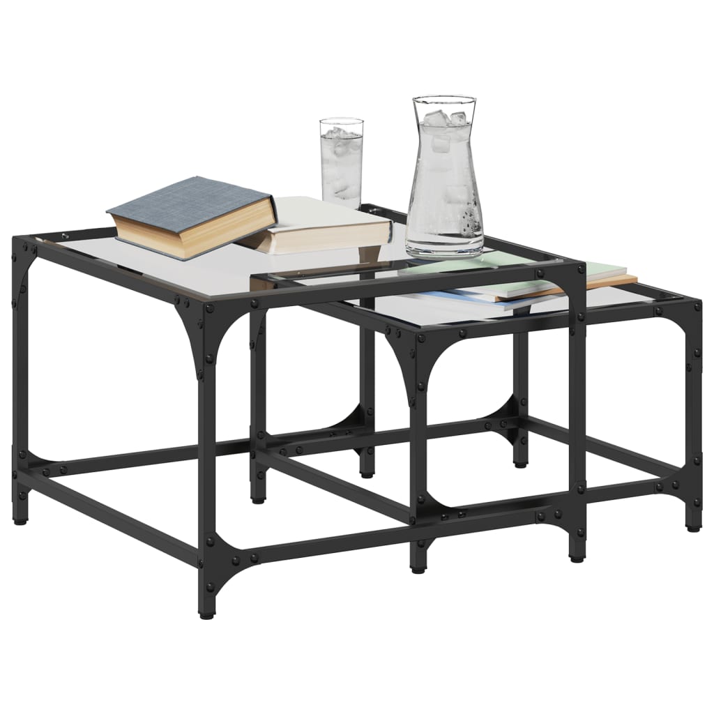 Tables basses gigognes 2 pcs dessus en verre transparent acier - XIOS
