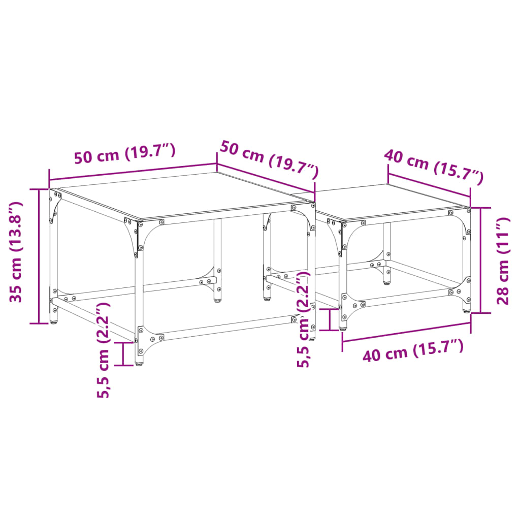 Tables basses gigognes 2 pcs dessus en verre transparent acier - XIOS