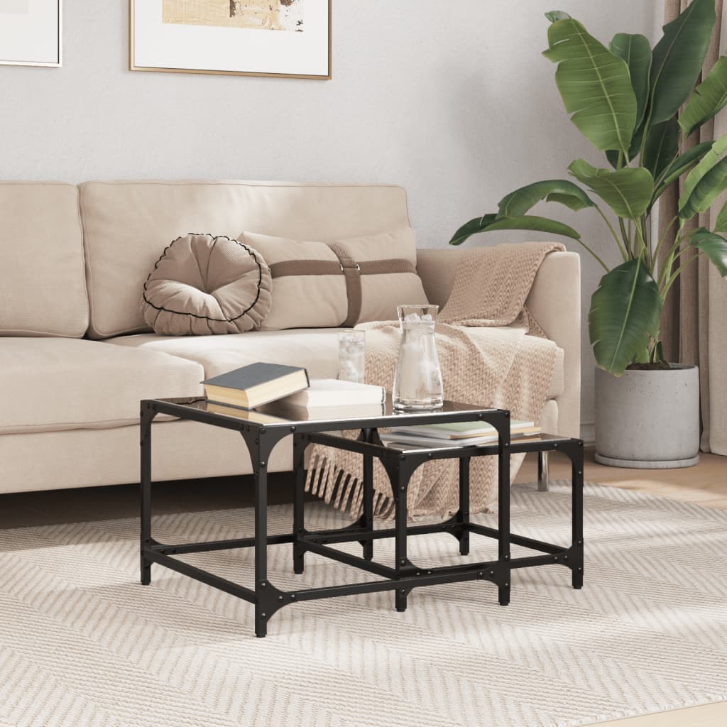 Tables basses gigognes 2 pcs dessus en verre noir acier - XIOS
