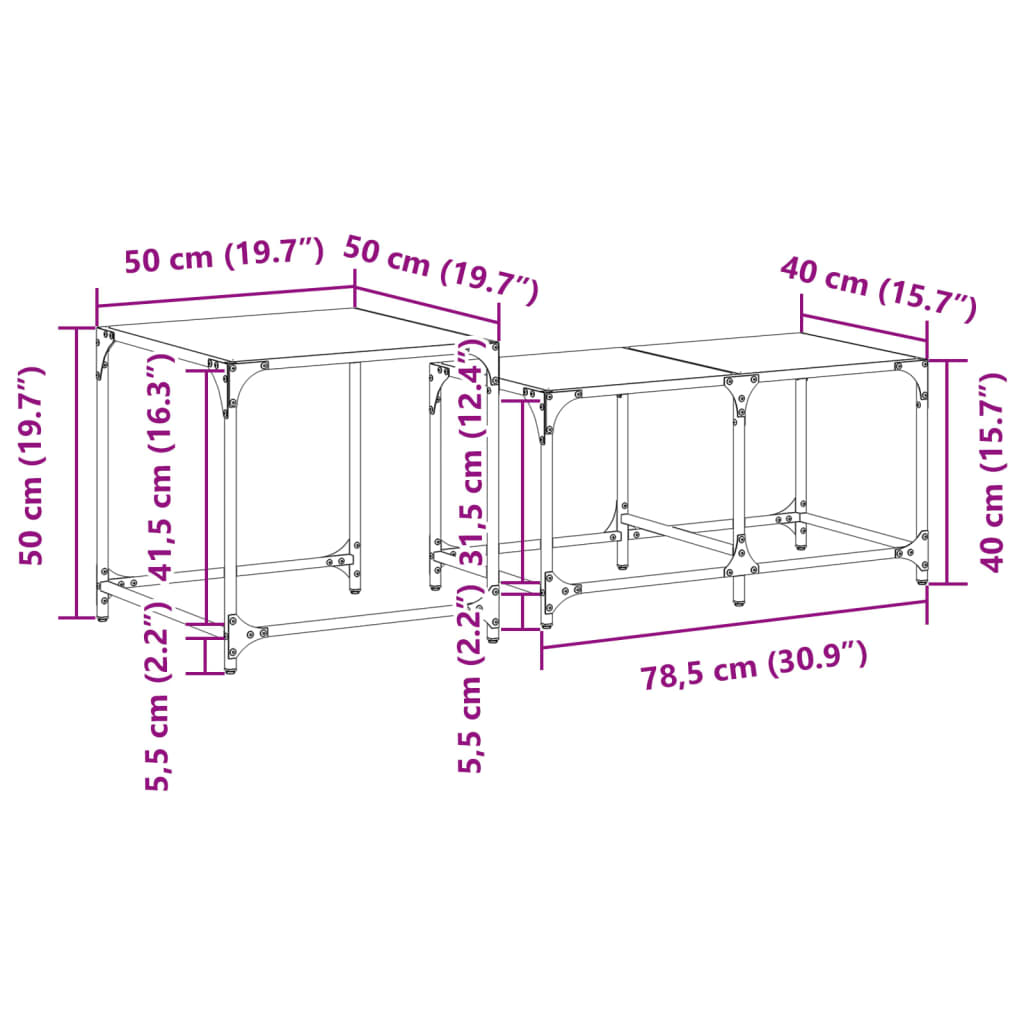 Tables basses gigognes 2 pcs dessus en verre transparent acier - XIOS
