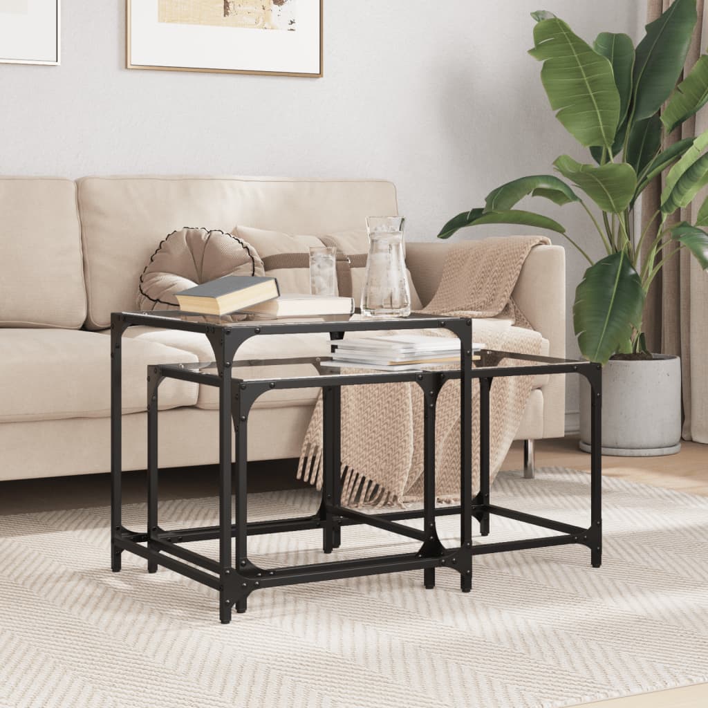 Tables basses gigognes 2 pcs dessus en verre transparent acier - XIOS