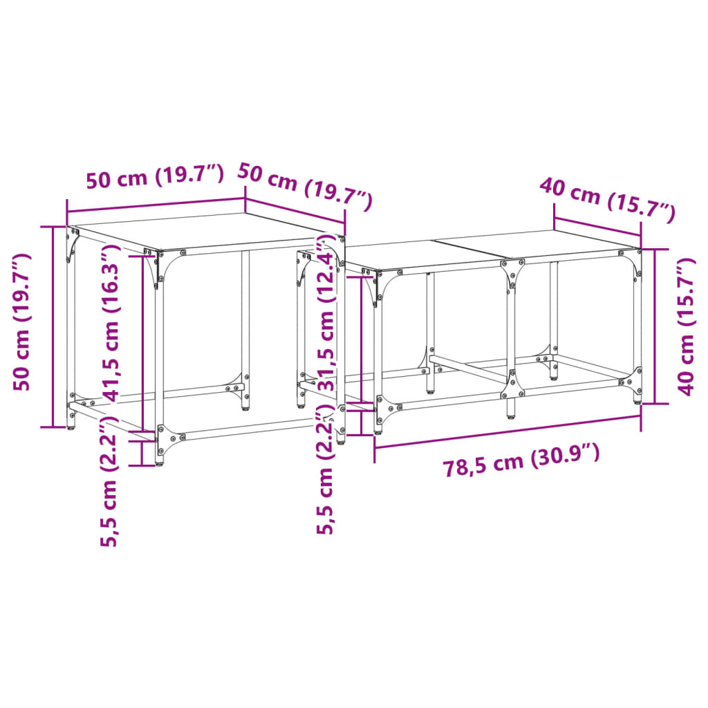 Tables basses gigognes 2 pcs dessus en verre noir acier - XIOS