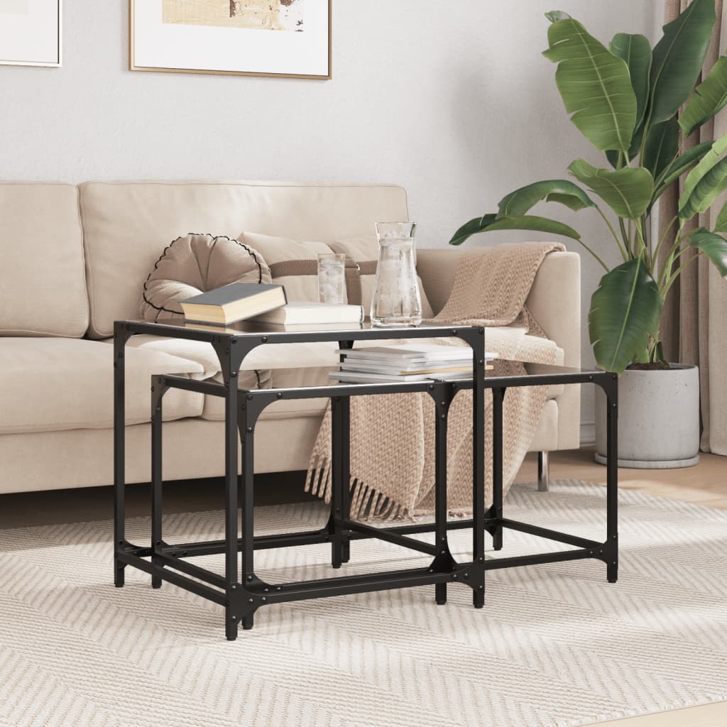 Tables basses gigognes 2 pcs dessus en verre noir acier - XIOS