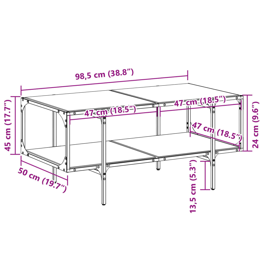 Table basse avec dessus en verre noir 98,5x50x45 cm acier - XIOS