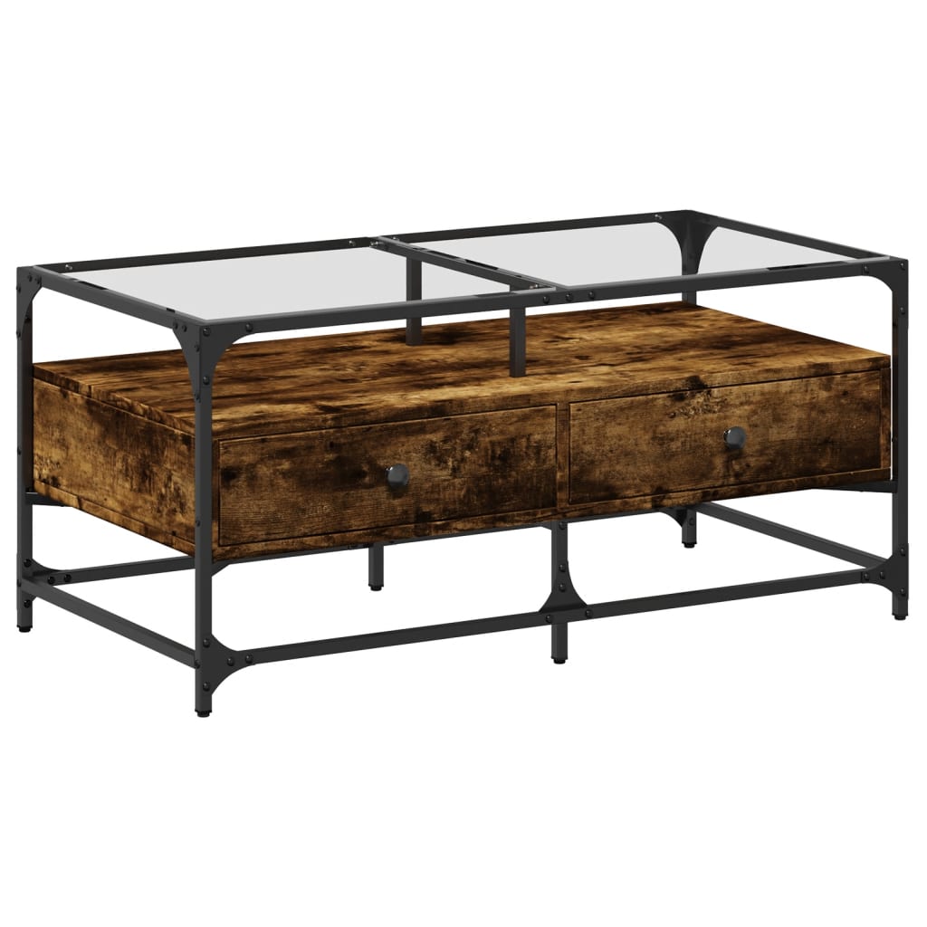 Table basse avec dessus en verre chêne fumé 98,5x50x45 cm acier - XIOS