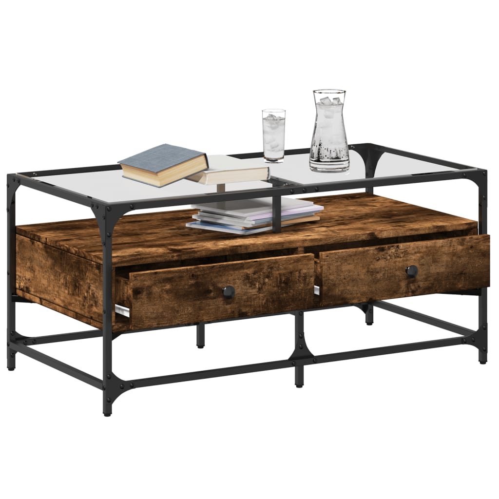 Table basse avec dessus en verre chêne fumé 98,5x50x45 cm acier - XIOS