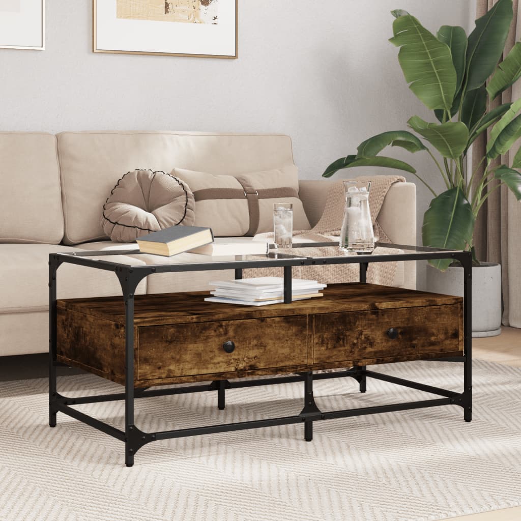 Table basse avec dessus en verre chêne fumé 98,5x50x45 cm acier - XIOS