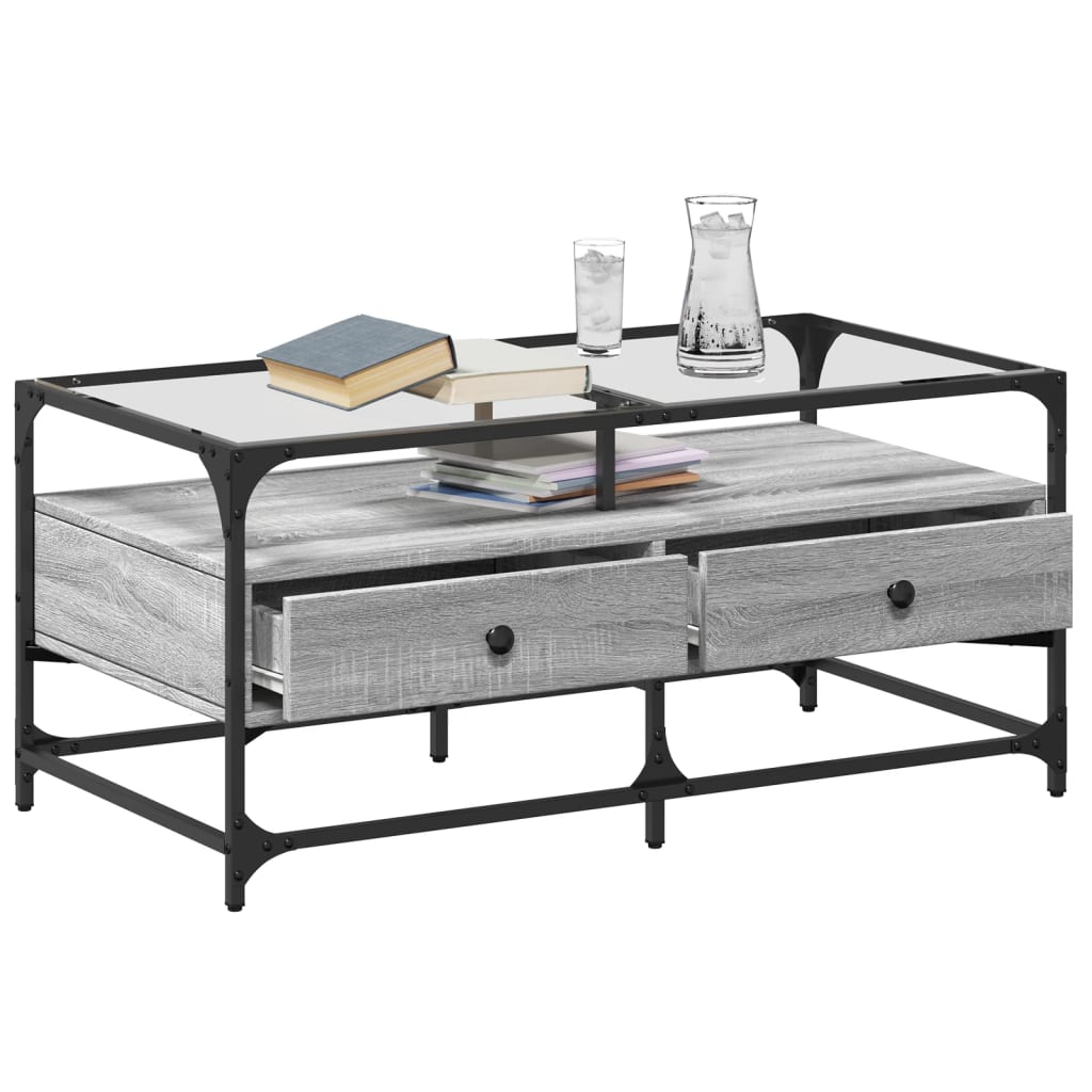 Table basse avec dessus en verre sonoma gris 98,5x50x45cm acier - XIOS