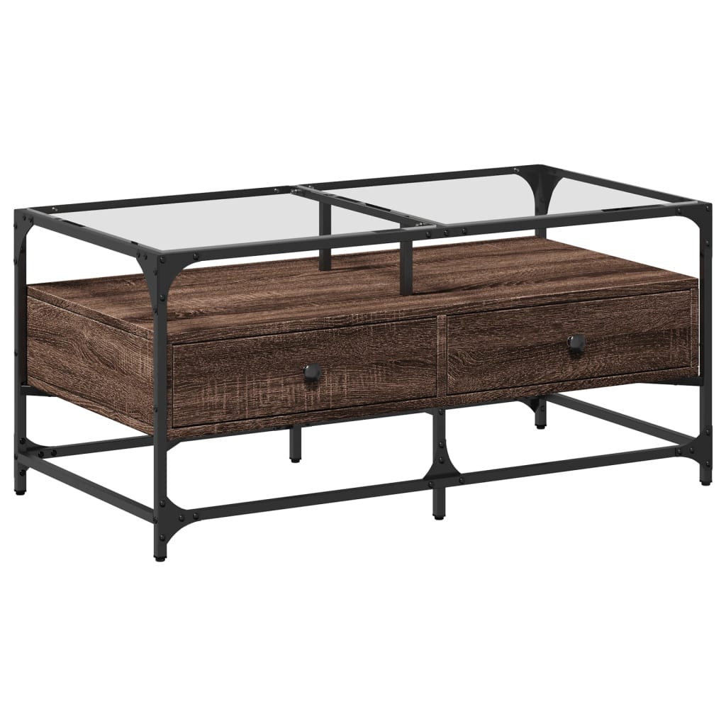 Table basse et dessus en verre chêne marron 98,5x50x45 cm acier - XIOS