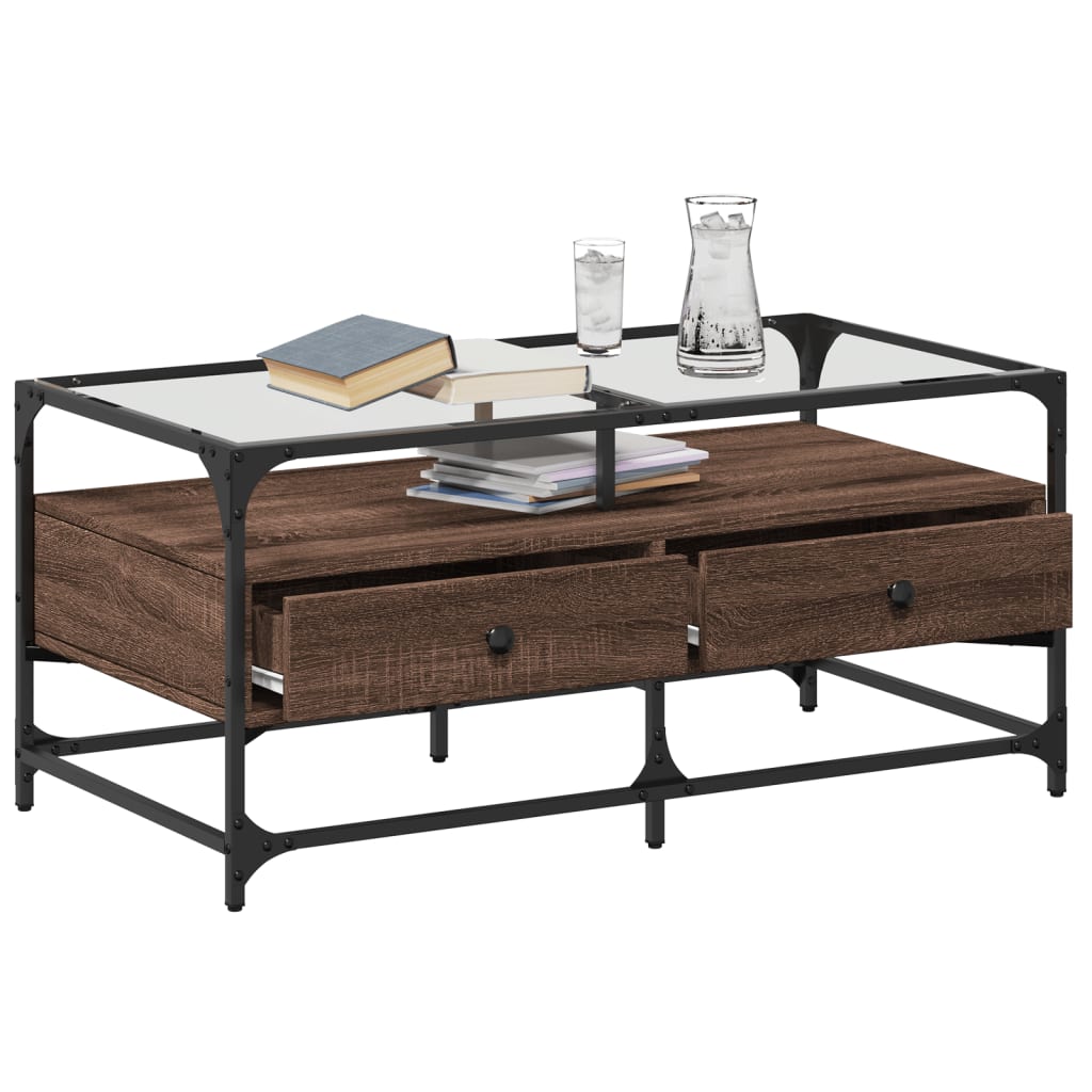 Table basse et dessus en verre chêne marron 98,5x50x45 cm acier - XIOS