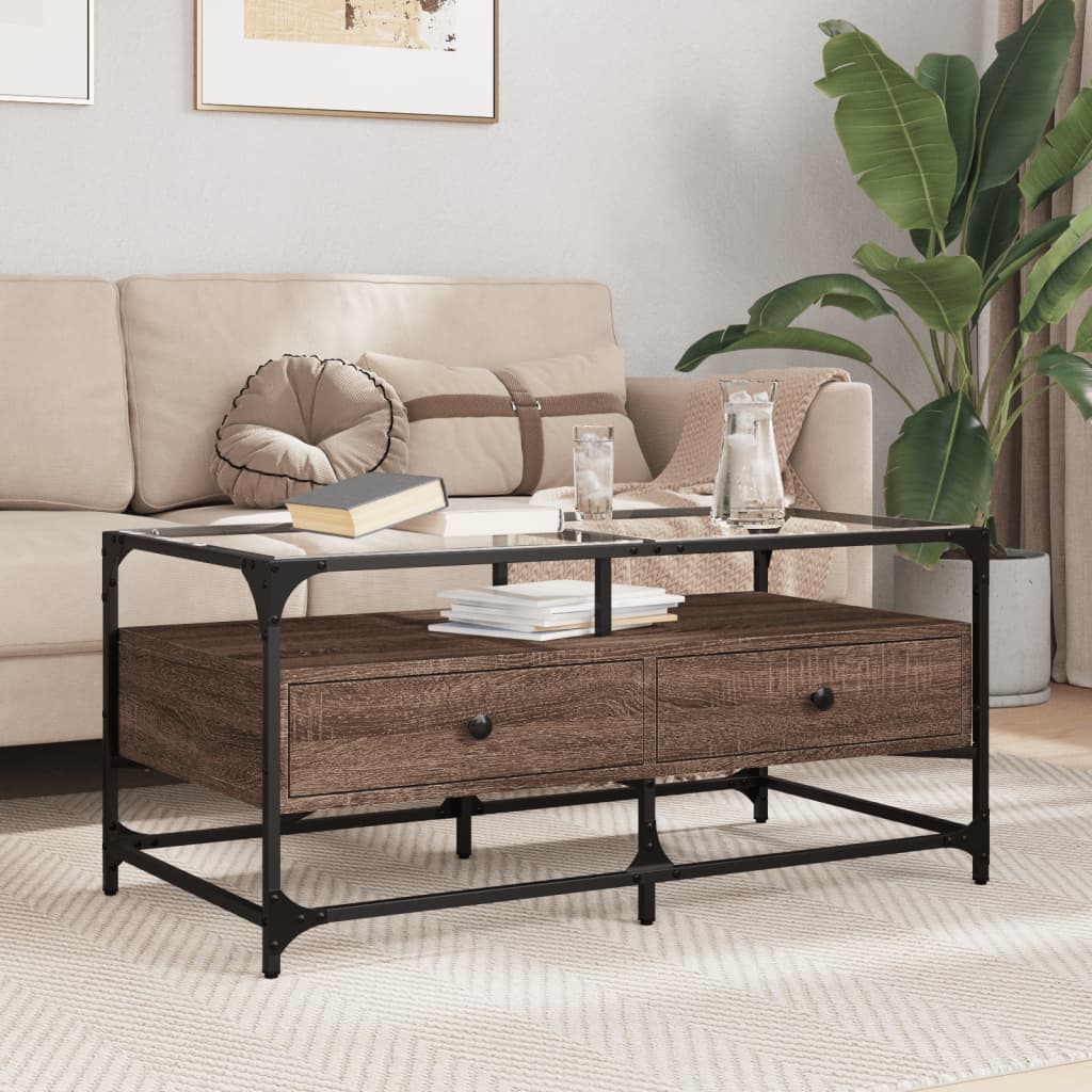 Table basse et dessus en verre chêne marron 98,5x50x45 cm acier - XIOS