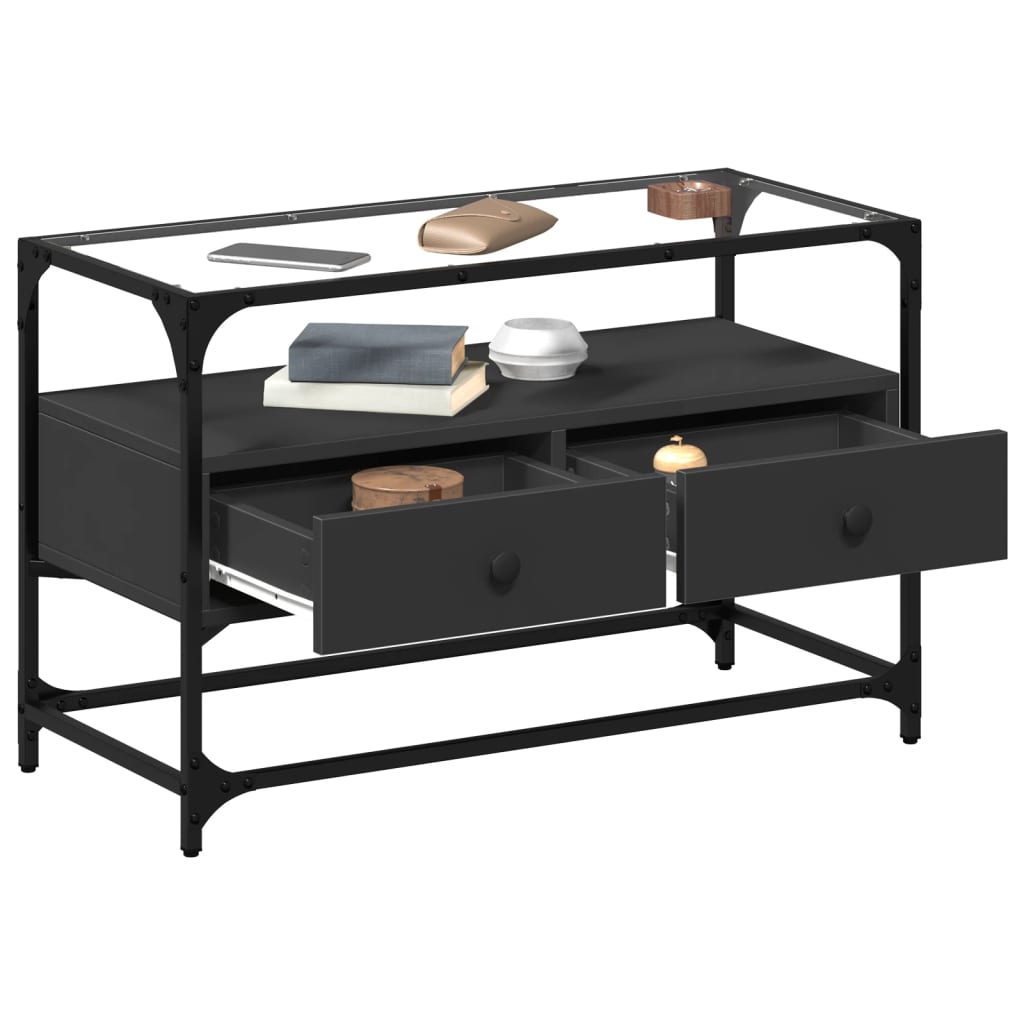Meuble TV et dessus en verre noir 80x35x51 cm bois d'ingénierie - XIOS