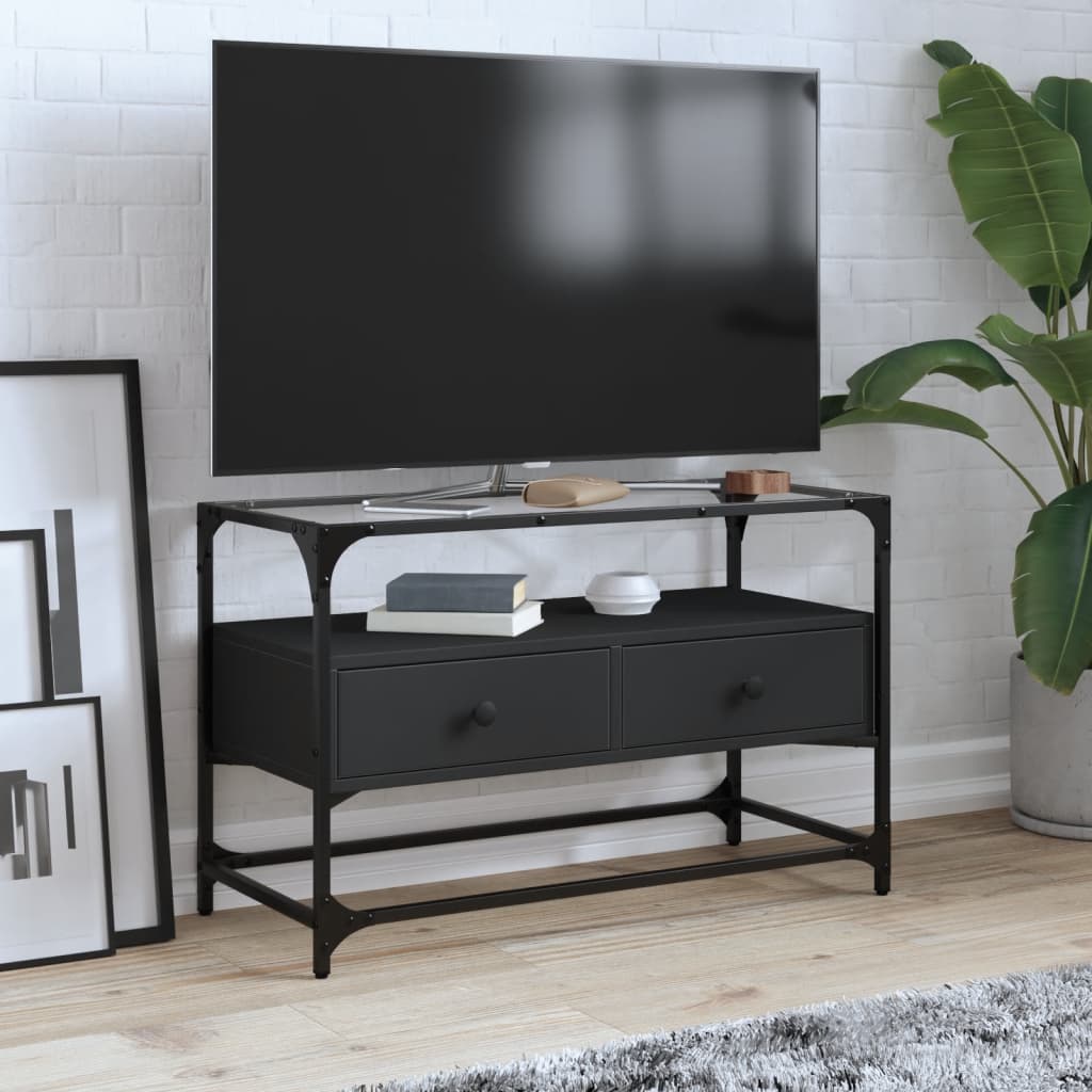 Meuble TV et dessus en verre noir 80x35x51 cm bois d'ingénierie - XIOS