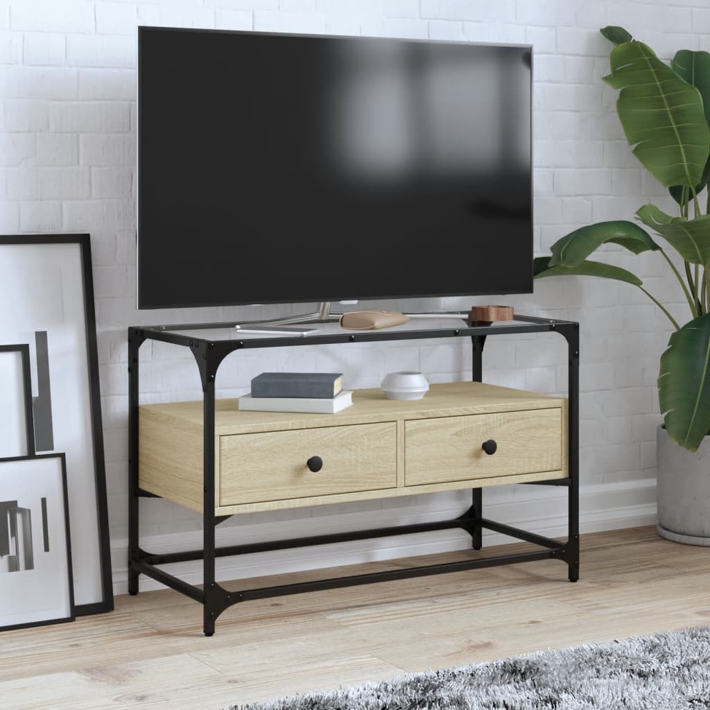 Meuble TV avec dessus en verre chêne sonoma bois d'ingénierie - XIOS