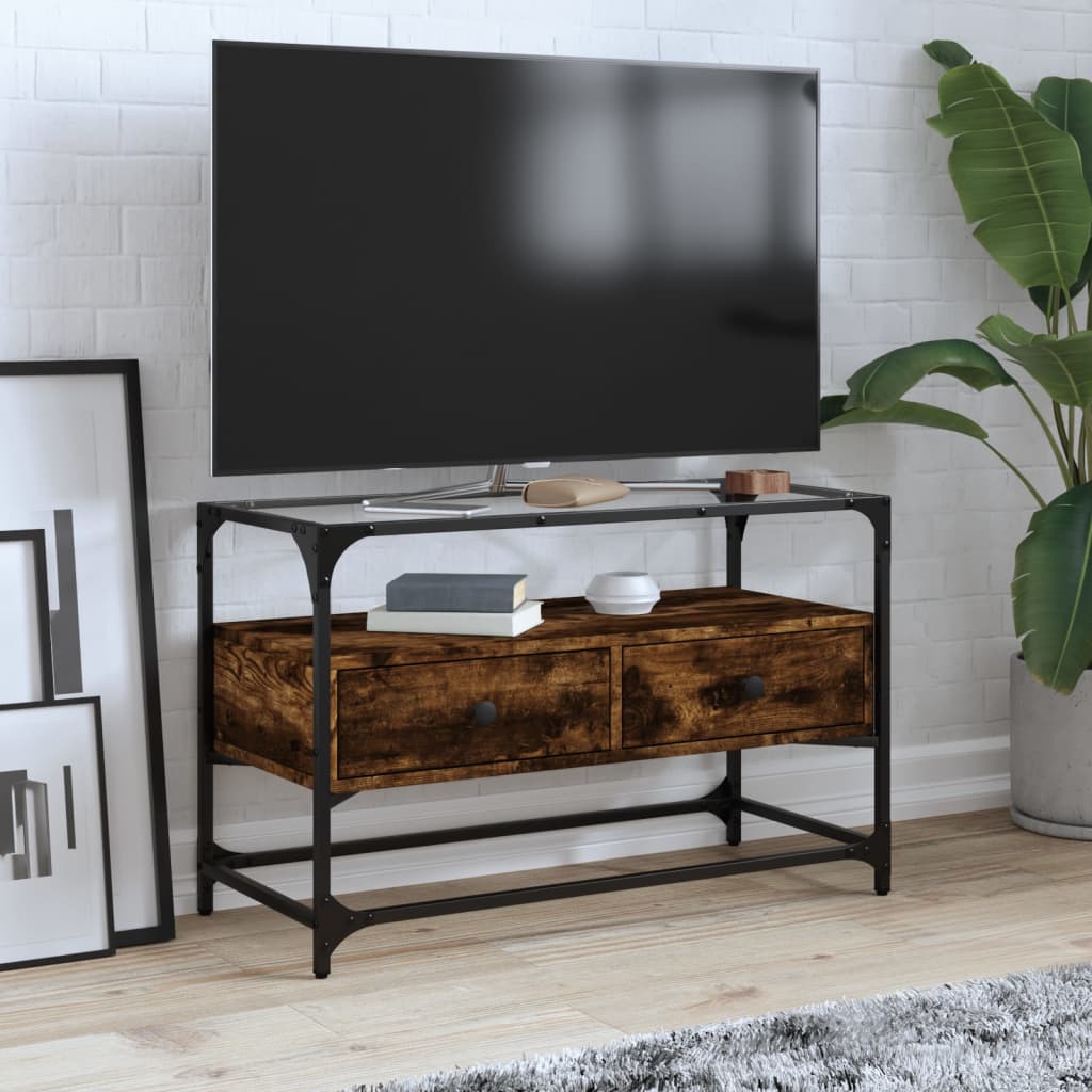 Meuble TV avec dessus en verre chêne fumé bois d'ingénierie - XIOS