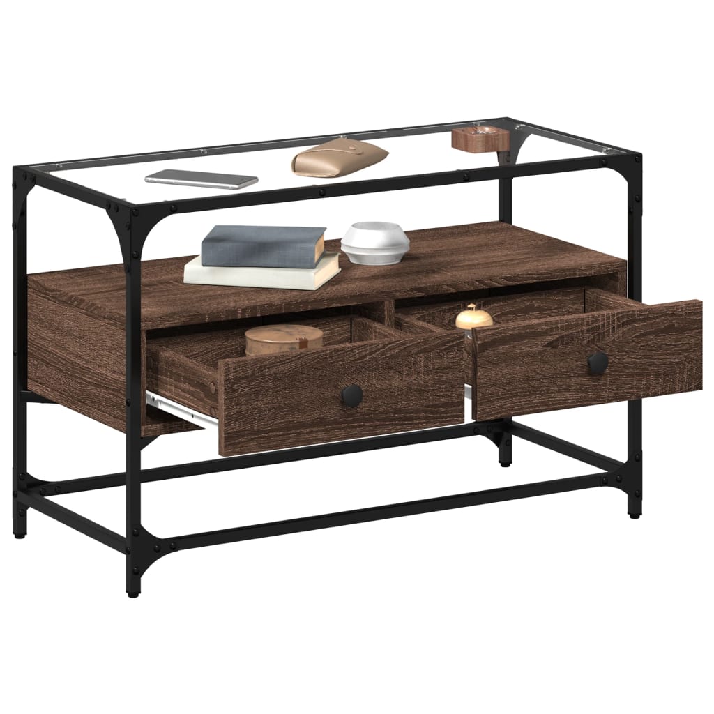 Meuble TV avec dessus en verre chêne marron bois d'ingénierie - XIOS