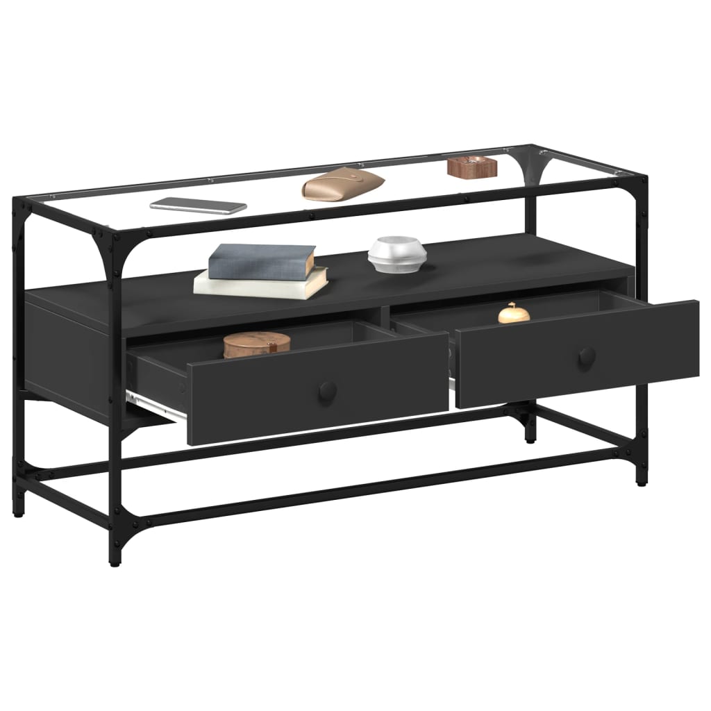 Meuble TV et dessus en verre noir 80x35x51 cm bois d'ingénierie - XIOS