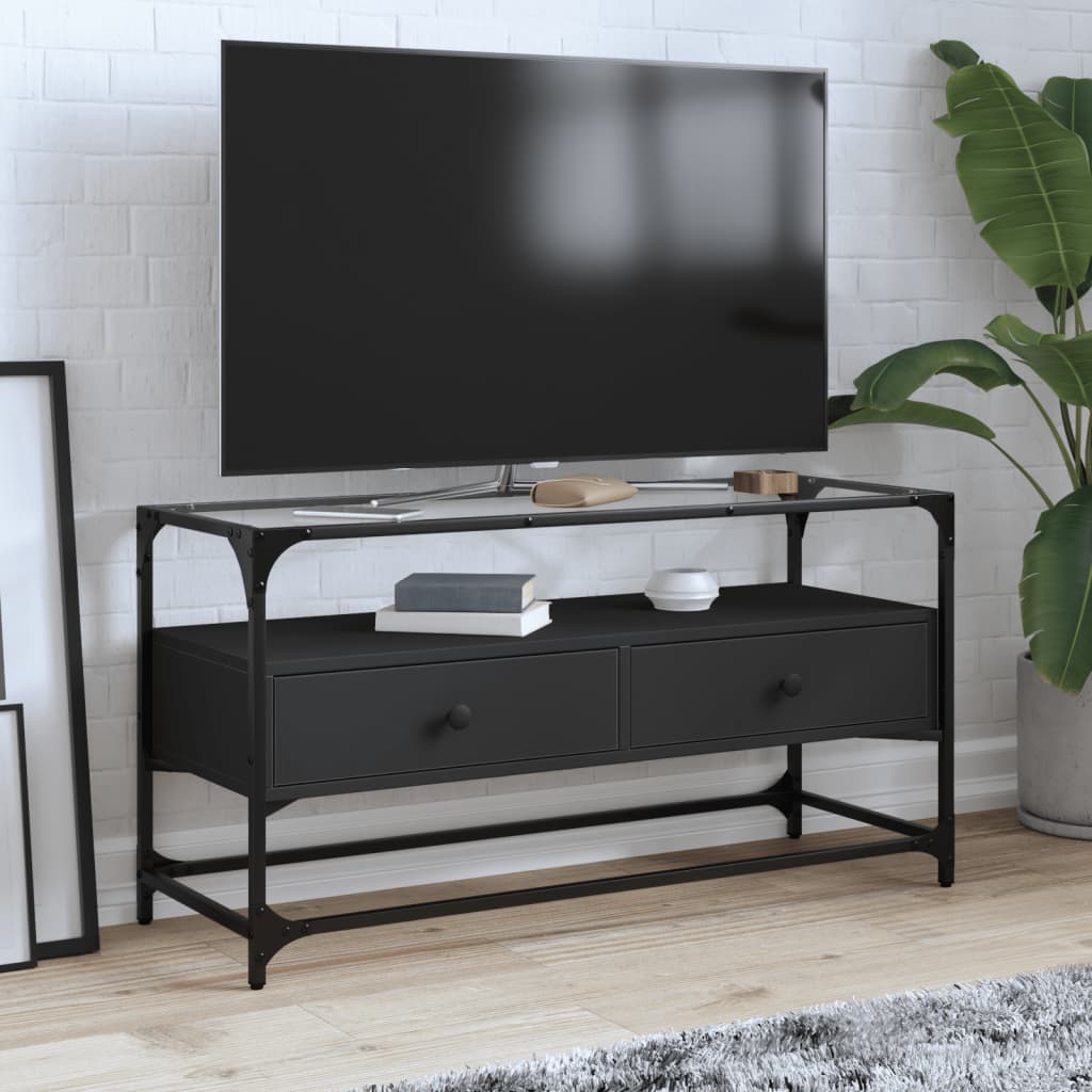 Meuble TV et dessus en verre noir 80x35x51 cm bois d'ingénierie - XIOS